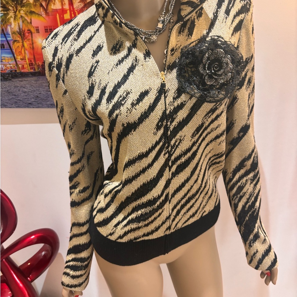 St. John Gold Black Zebra-Print  animal Front Blazer M metallic shimmer jacket